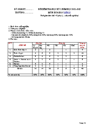 Đề kiểm tra học kì I môn Hóa học Lớp 12 - Năm học 2021-2022 - Đề 3 (Có đáp án)