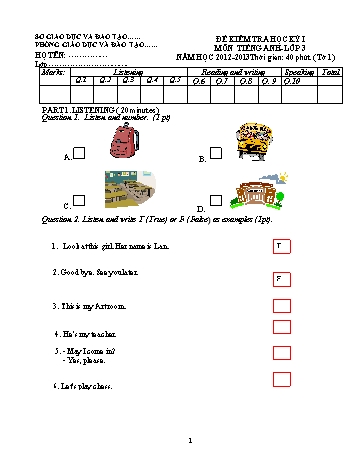 Đề kiểm tra học kì I môn Tiếng Anh Lớp 3 - Năm học 2012-2013
