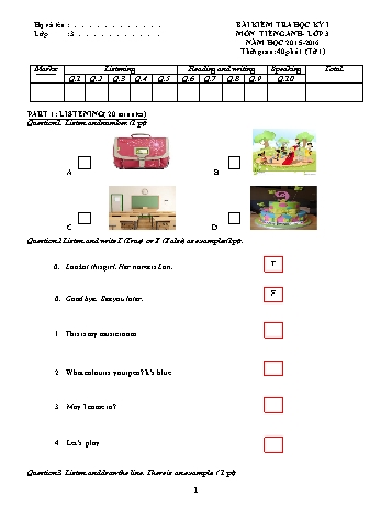 Đề kiểm tra học kì I môn Tiếng Anh Lớp 3 - Năm học 2015-2016