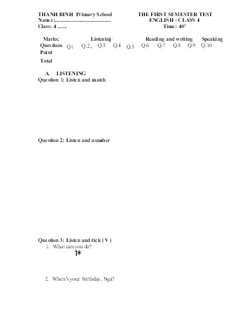 Đề kiểm tra học kì I môn Tiếng Anh Lớp 4 - Thanh Binh Primary school