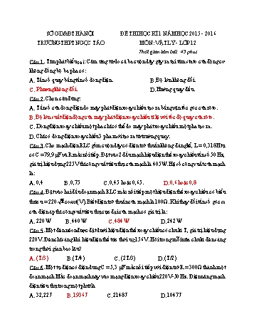 Đề kiểm tra học kì I môn Vật lí Lớp 12 - Trường THPT Ngọc Tảo - Năm học 2015-2016 (Có đáp án)