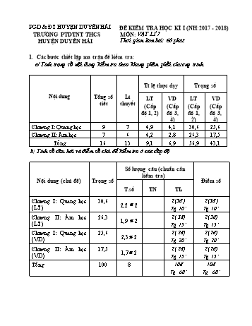 Đề kiểm tra học kì I môn Vật lí Lớp 7 - Trường PTDTNT THCS huyện Duyên Hải - Năm học 2017-2018 (Có đáp án)