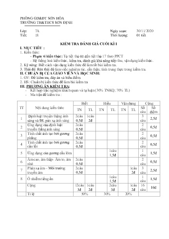 Đề kiểm tra học kì I môn Vật lí Lớp 7 - Trường TH&THCS Sơn Định - Năm học 2020-2021 (Có đáp án)