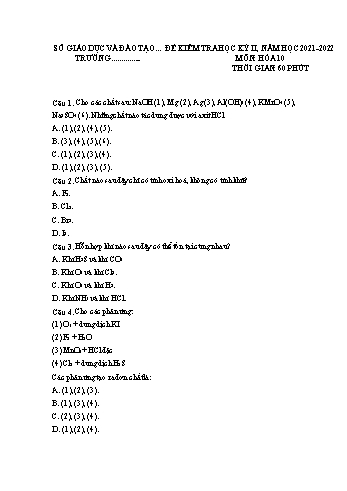 Đề kiểm tra học kì II môn Hóa học Lớp 10 - Năm học 2021-2022 - Đề 2 (Có đáp án)