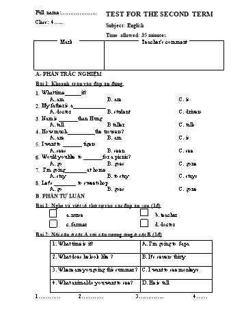 Đề kiểm tra học kì II môn Tiếng Anh Lớp 4