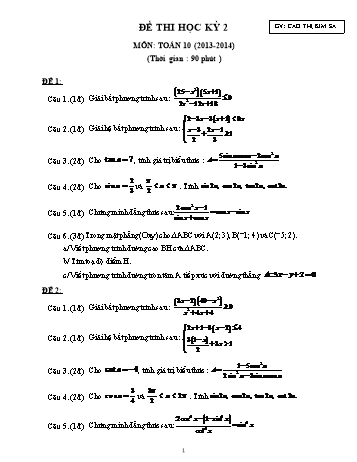 Đề kiểm tra học kì II môn Toán Lớp 10 - Cao Thị Kim Sa - Năm học 2013-2014 (Có đáp án)