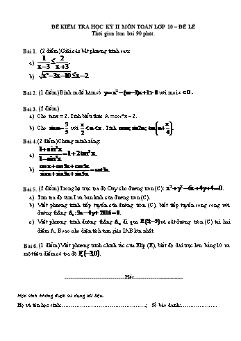 Đề kiểm tra học kì II môn Toán Lớp 10 (Có đáp án)