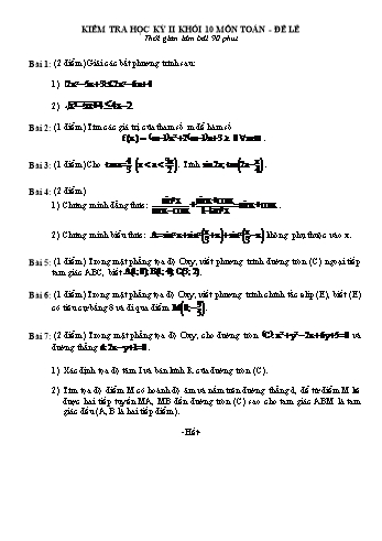 Đề kiểm tra học kì II môn Toán Lớp 10 (Đề lẻ) (Có đáp án)