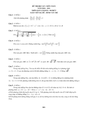 Đề kiểm tra học kì II môn Toán Lớp 10 - Năm học 2010-2011 (Có đáp án)