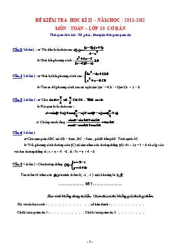 Đề kiểm tra học kì II môn Toán Lớp 10 - Năm học 2011-2012 (Có đáp án)