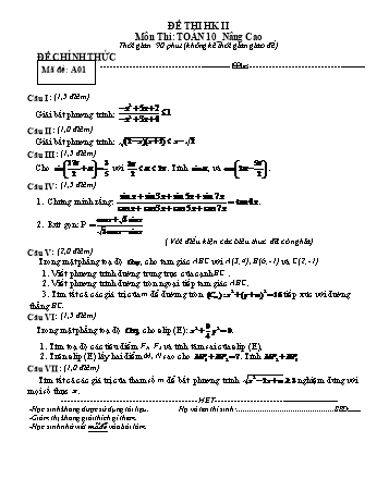 Đề kiểm tra học kì II môn Toán Lớp 10 nâng cao (Có đáp án)