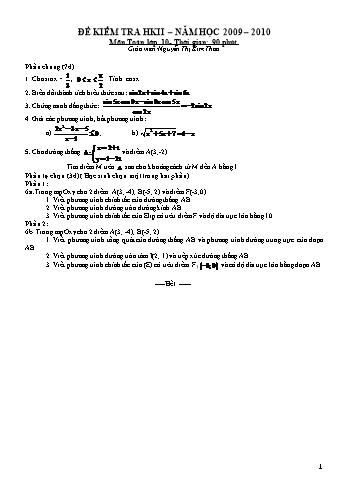 Đề kiểm tra học kì II môn Toán Lớp 10 - Nguyễn Thị Kim Thoa - Năm học 2009-2010 (Có đáp án)