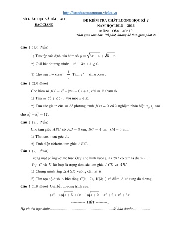 Đề kiểm tra học kì II môn Toán Lớp 10 - Sở GD&ĐT Bắc Giang - Năm học 2015-2016 (Có đáp án)