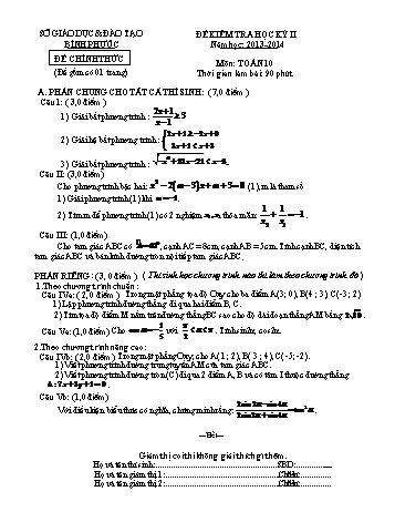 Đề kiểm tra học kì II môn Toán Lớp 10 - Sở GD&ĐT Bình Phước - Năm học 2013-2014 (Có đáp án)
