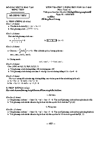 Đề kiểm tra học kì II môn Toán Lớp 10 - Sở GD&ĐT Đồng Tháp - Năm học 2017-2018