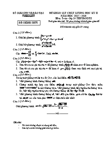 Đề kiểm tra học kì II môn Toán Lớp 10 - Sở GD&ĐT Nam Định - Năm học 2015-2016 (Có đáp án)