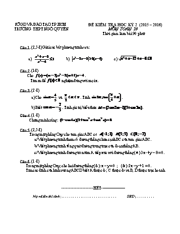 Đề kiểm tra học kì II môn Toán Lớp 10 - Sở GD&ĐT Ngô Quyền - Năm học 2015-2016 (Có đáp án)