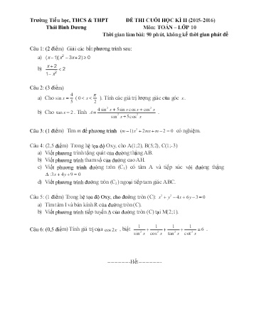 Đề kiểm tra học kì II môn Toán Lớp 10 - Trường TH, THCS & THPT Thái Bình Dương - Năm học 2015-2016 (Có đáp án)