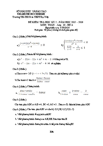 Đề kiểm tra học kì II môn Toán Lớp 10 - Trường TH-THCS và THPT Đại Việt - Năm học 2015-2016