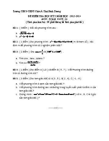 Đề kiểm tra học kì II môn Toán Lớp 10 - Trường THCS-THPT Châu Á Thái Bình Dương - Năm học 2015-2016 (Có đáp án)