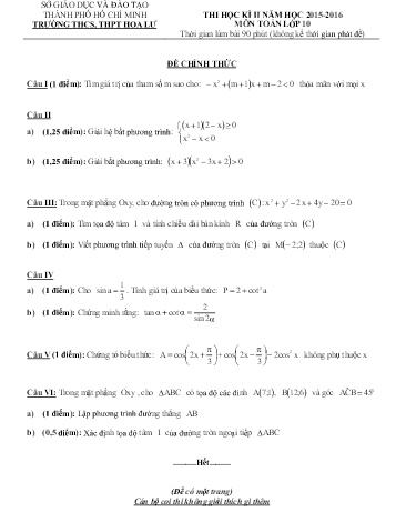 Đề kiểm tra học kì II môn Toán Lớp 10 - Trường THCS, THPT Hoa Lư - Năm học 2015-2016 (Có đáp án)