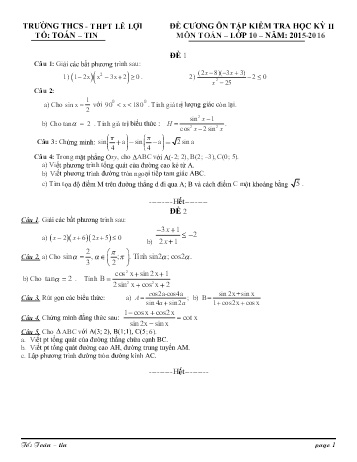 Đề kiểm tra học kì II môn Toán Lớp 10 - Trường THCS - THPT Lê Lợi - Năm học 2015-2016