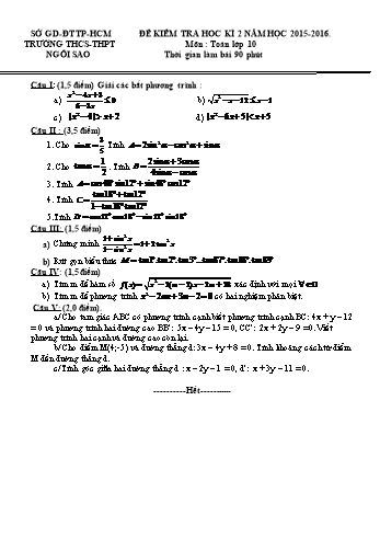Đề kiểm tra học kì II môn Toán Lớp 10 - Trường THCS-THPT Ngôi Sao - Năm học 2015-2016 (Có đáp án)