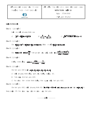Đề kiểm tra học kì II môn Toán Lớp 10 - Trường THCS - THPT Sao Việt - Năm học 2015-2016 (Có đáp án)