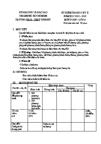 Đề kiểm tra học kì II môn Toán Lớp 10 - Trường THCS - THPT Tân Phú - Năm học 2015-2016 (Có đáp án)