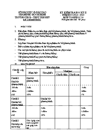 Đề kiểm tra học kì II môn Toán Lớp 10 - Trường THCS - THPT Tân Phú - Năm học 2014-2015 (Có đáp án)