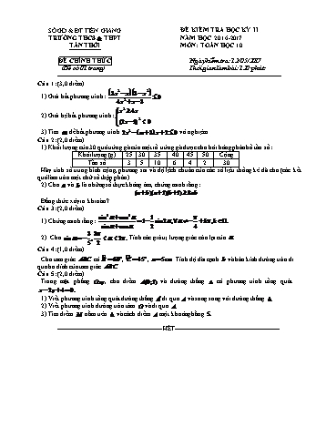 Đề kiểm tra học kì II môn Toán Lớp 10 - Trường THCS & THPT Tân Thới - Năm học 2016-2017 (Có đáp án)