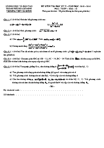 Đề kiểm tra học kì II môn Toán Lớp 10 - Trường THPT Bà Điểm - Năm học 2015-2016 (Có đáp án)