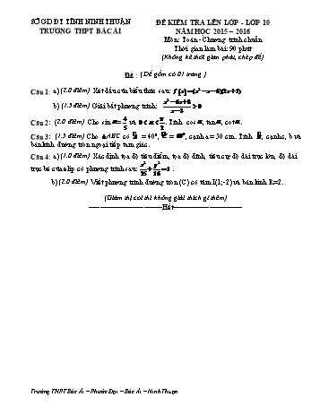 Đề kiểm tra học kì II môn Toán Lớp 10 - Trường THPT Bác Ái - Năm học 2015-2016 (Đề 2) (Có đáp án)