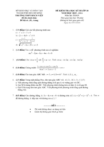 Đề kiểm tra học kì II môn Toán Lớp 10 - Trường THPT Bách Việt - Năm học 2015-2016 (Có đáp án)
