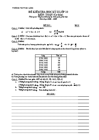 Đề kiểm tra học kì II môn Toán Lớp 10 - Trường THPT Chi Lăng - Năm học 2008-2009 (Có đáp án)