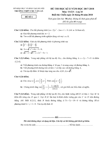 Đề kiểm tra học kì II môn Toán Lớp 10 - Trường THPT Chu Văn An - Năm học 2017-2018 (Có đáp án)