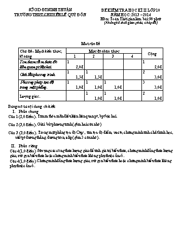 Đề kiểm tra học kì II môn Toán Lớp 10 - Trường THPT Chuyên Lê Quý Đôn - Năm học 2013-2014 (Có đáp án)