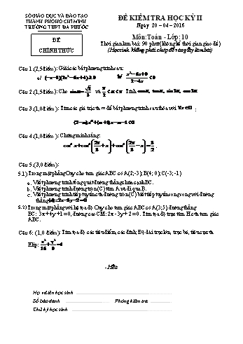 Đề kiểm tra học kì II môn Toán Lớp 10 - Trường THPT Đa Phước - Năm học 2015-2016 (Có đáp án)