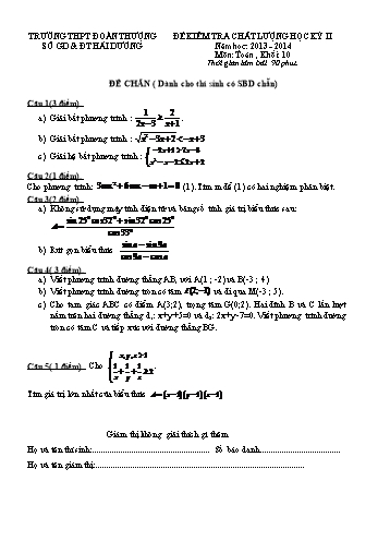 Đề kiểm tra học kì II môn Toán Lớp 10 - Trường THPT Đoàn Thượng - Năm học 2013-2014 (Có đáp án)