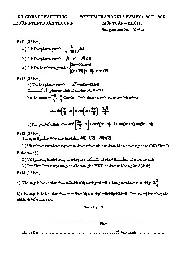 Đề kiểm tra học kì II môn Toán Lớp 10 - Trường THPT Đoàn Thượng - Năm học 2017-2018 (Có đáp án)