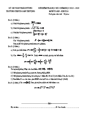 Đề kiểm tra học kì II môn Toán Lớp 10 - Trường THPT Đoàn Thượng - Năm học 2015-2016 (Có đáp án)