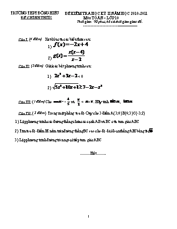 Đề kiểm tra học kì II môn Toán Lớp 10 - Trường THPT Đông Hiếu - Năm học 2010-2011 (Có đáp án)