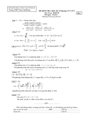 Đề kiểm tra học kì II môn Toán Lớp 10 - Trường THPT Ernst ThalMann - Năm học 2014-2015 (Có đáp án)