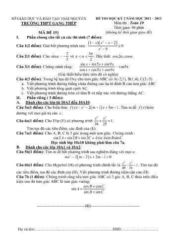 Đề kiểm tra học kì II môn Toán Lớp 10 - Trường THPT Gang Thép - Năm học 2011-2012 (Có đáp án)