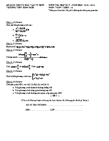 Đề kiểm tra học kì II môn Toán Lớp 10 - Trường THPT Hàm Nghi - Năm học 2015-2016 (Có đáp án)