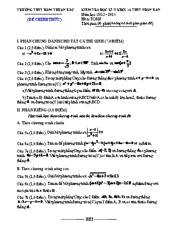 Đề kiểm tra học kì II môn Toán Lớp 10 - Trường THPT Hàm Thuận Bắc - Năm học 2015-2016 (Có đáp án)