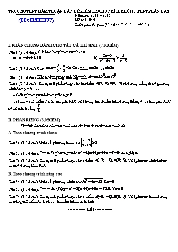 Đề kiểm tra học kì II môn Toán Lớp 10 - Trường THPT Hàm Thuận Bắc - Năm học 2014-2015 (Có đáp án)