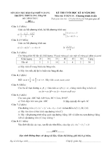 Đề kiểm tra học kì II môn Toán Lớp 10 - Trường THPT Long Thạnh - Năm học 2011-2012
