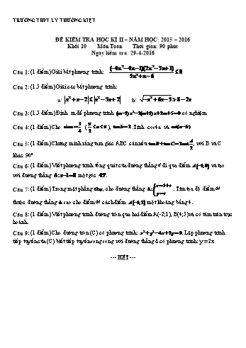 Đề kiểm tra học kì II môn Toán Lớp 10 - Trường THPT Lý Thường Kiệt - Năm học 2015-2016 (Có đáp án)