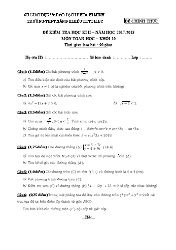 Đề kiểm tra học kì II môn Toán Lớp 10 - Trường THPT Năng khiếu TDTT H.BC - Năm học 2017-2018 (Có đáp án)